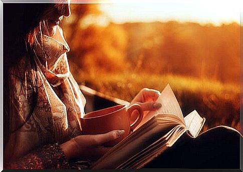 Girl reading book on pleasure at sunset