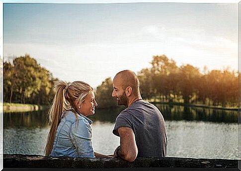 Woman and man talking