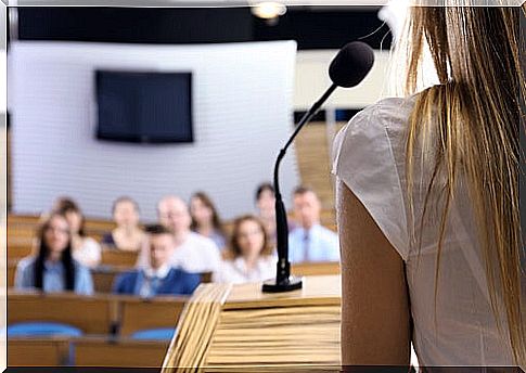 Stage frightened woman in a class