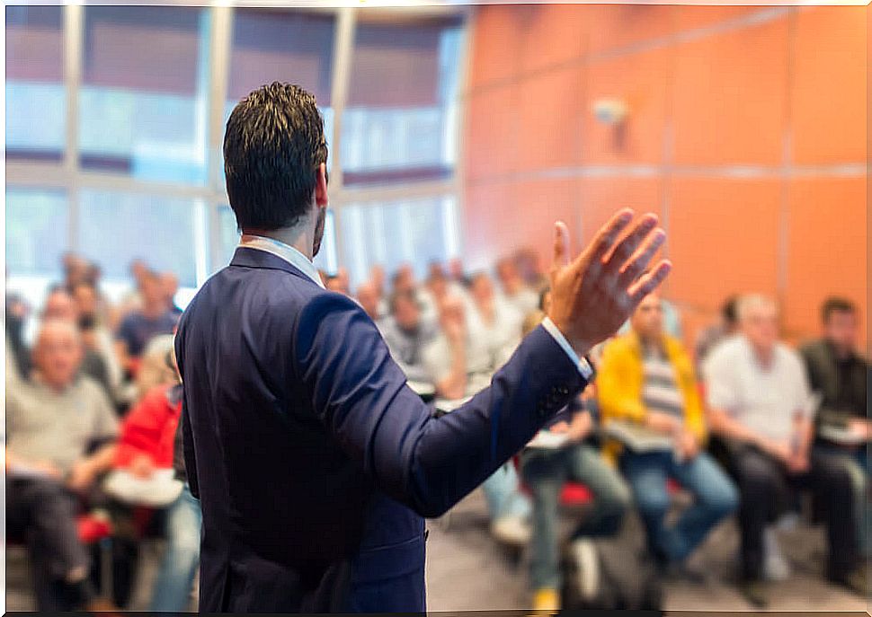 Man giving a talk without stage fright