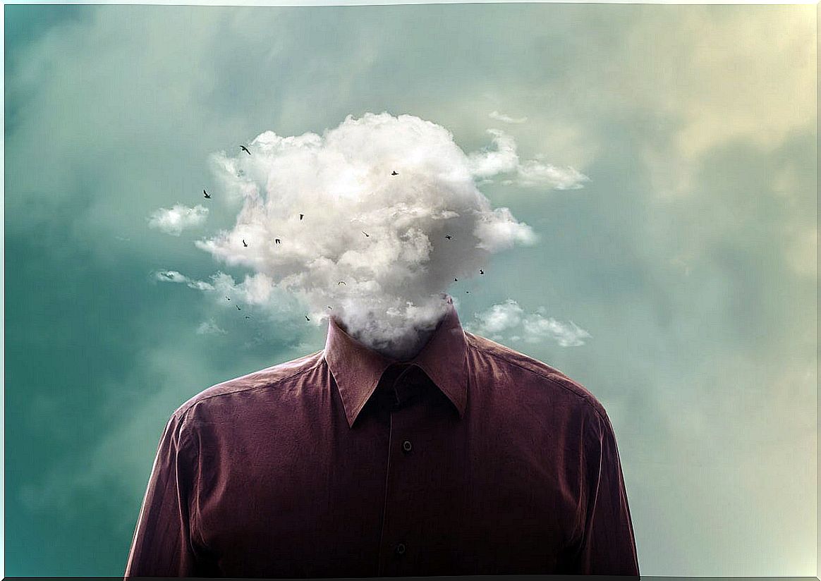 cloud-headed man depicting cognitive defusion